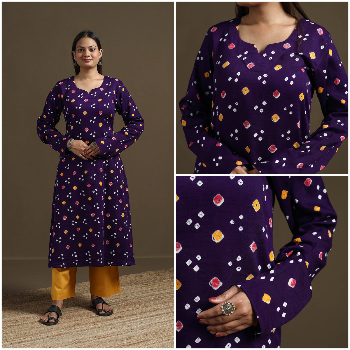 Deep Purple - Bandhani Cotton Multicolour Dots A-Line Kurta 02