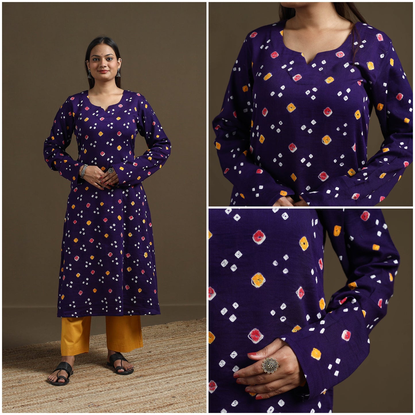 Bandhani tie-dye cotton a-line kurta for women 02