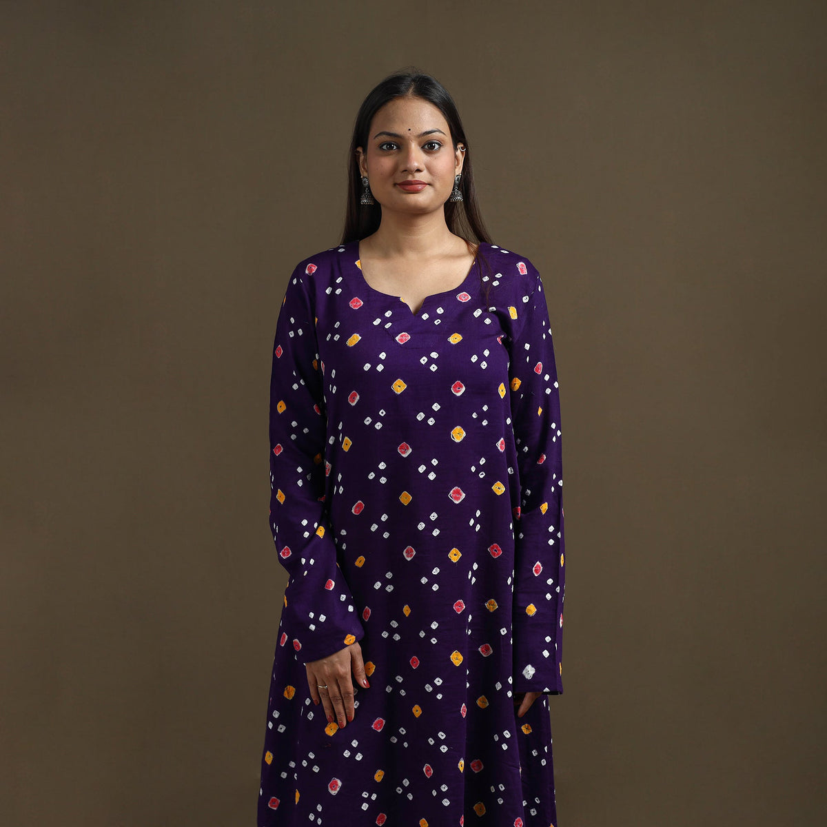 Deep Purple - Bandhani Cotton Multicolour Dots A-Line Kurta 02