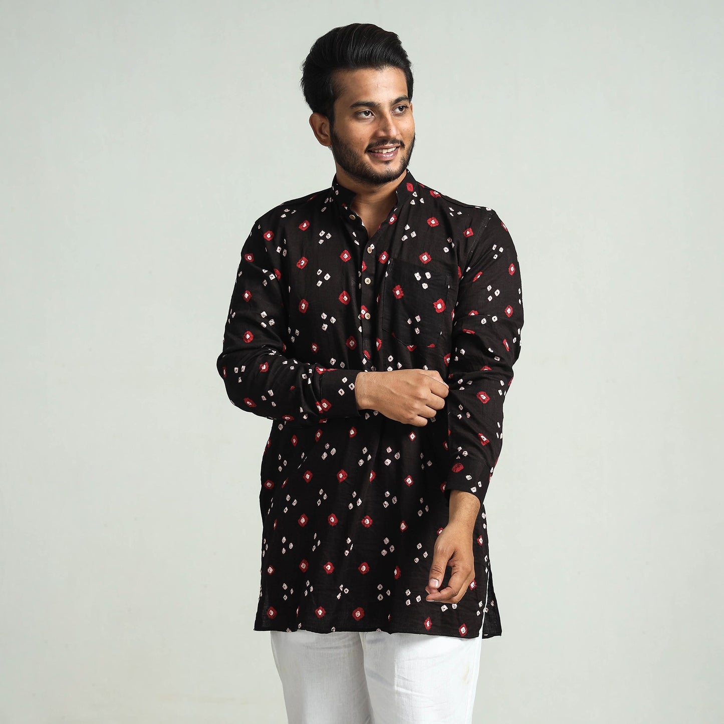  Bandhani Tie-Dye Cotton Men Short Kurta 