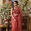 Red Bandhani tie-dye Kota Doria cotton saree, draped and worn by a woman, by artisan Adil Hussain, AI visual of the saree, iTokri