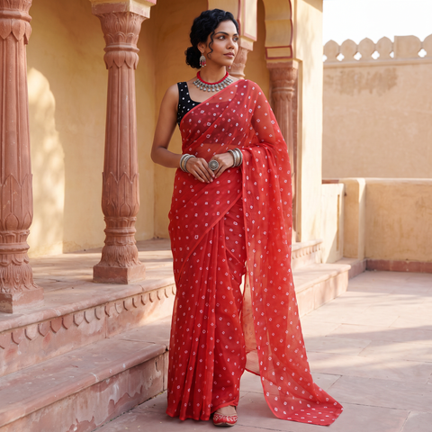 Red Bandhani tie-dye Kota Doria cotton saree, draped and worn by a woman, by artisan Adil Hussain, AI visual of the saree, iTokri
