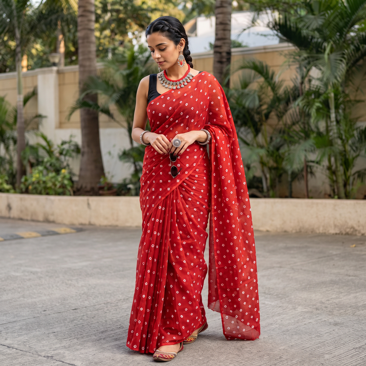 Red Bandhani tie-dye Kota Doria cotton saree, draped and worn by a woman, by artisan Adil Hussain, AI visual of the saree, iTokri