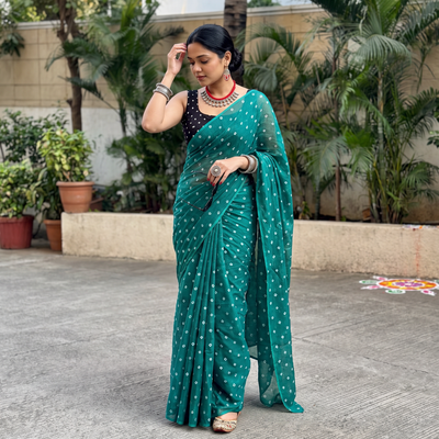 Green Bandhani tie-dye Kota Doria cotton saree, draped and worn by a woman, by artisan Adil Hussain, AI visual of the saree, iTokri