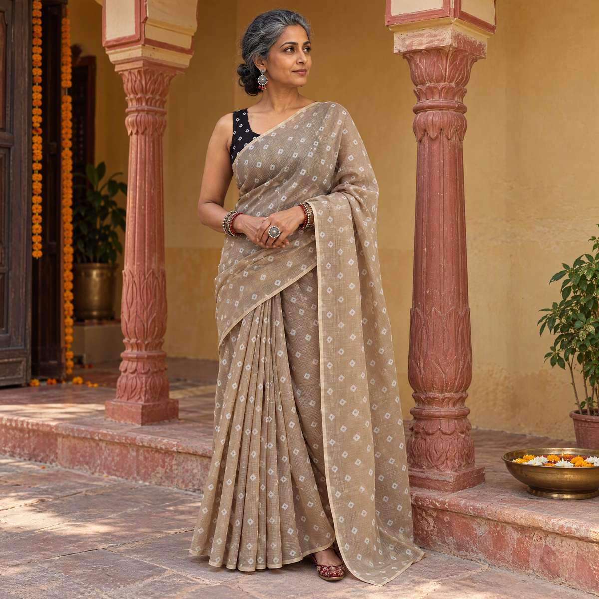Brown Bandhani tie-dye Kota Doria cotton saree, draped and worn by a woman, by artisan Adil Hussain, AI visual of the saree, iTokri