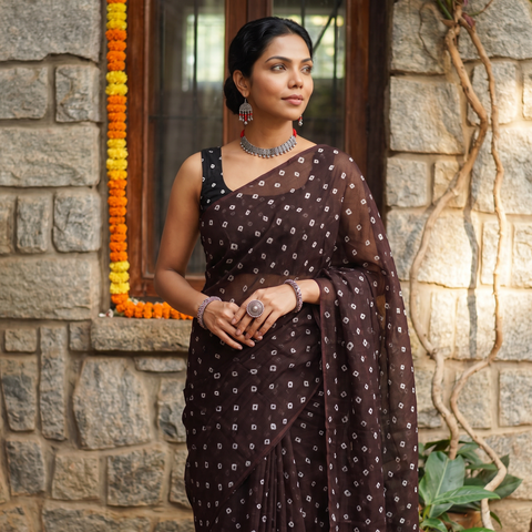 Brown Bandhani tie-dye Kota Doria cotton saree, draped and worn by a woman, by artisan Adil Hussain, AI visual of the saree, iTokri