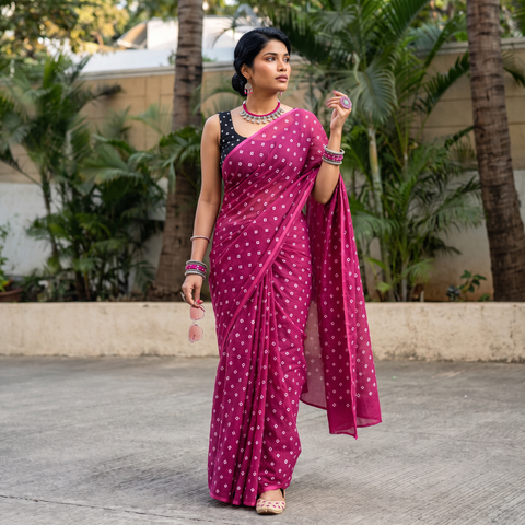 Pink Bandhani tie-dye Kota Doria cotton saree, draped and worn by a woman, AI visual of the saree, iTokri