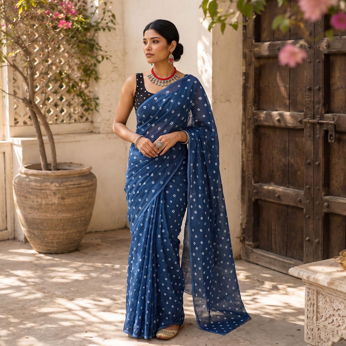 Blue Bandhani tie-dye Kota Doria cotton saree, draped and worn by a woman, AI visual of the saree, iTokri
