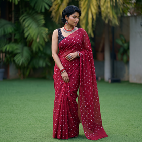 Red Bandhani tie-dye Kota Doria cotton saree, draped and worn by a woman, by artisan Adil Hussain, AI visual of the saree, iTokri