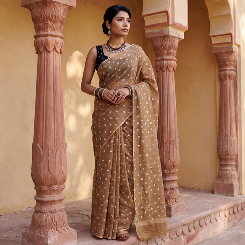 Brown Bandhani tie-dye Kota Doria cotton saree, draped and worn by a woman, AI visual of the saree, iTokri