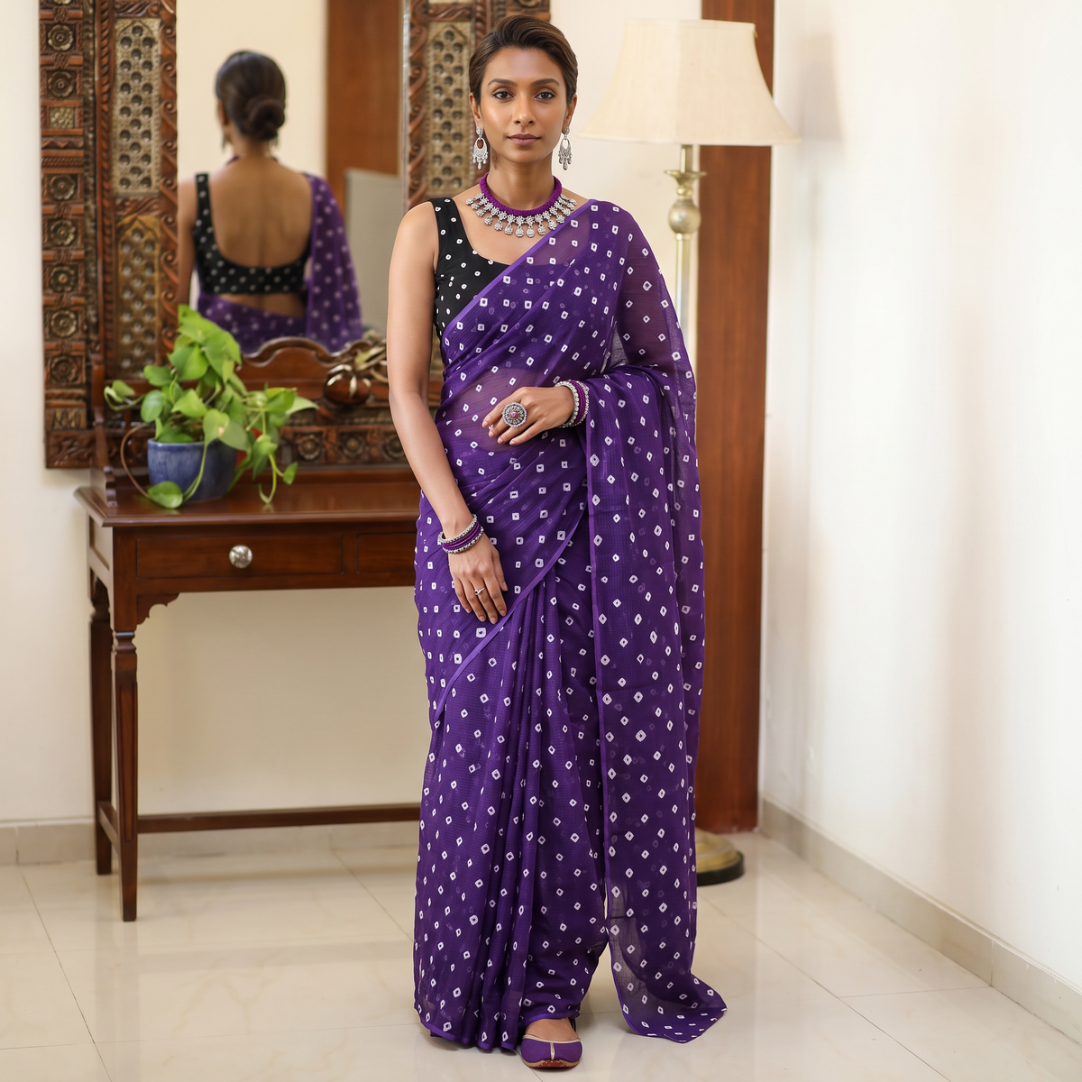 Purple Bandhani tie-dye Kota Doria cotton saree, draped and worn by a woman, by artisan Adil Hussain, AI visual of the saree, iTokri