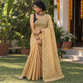 Brown Bandhani tie-dye Kota Doria cotton saree, draped and worn by a woman, AI visual of the saree, iTokri