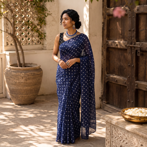 Blue Bandhani tie-dye Kota Doria cotton saree, draped and worn by a woman, by artisan Adil Hussain, AI visual of the saree, iTokri