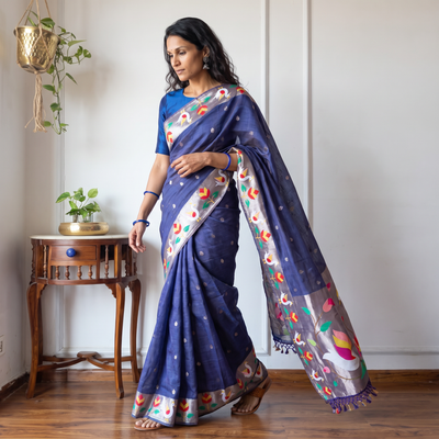 Blue Bangalore Silk Zari Border Saree, draped and worn by a woman, AI visual of the saree, iTokri