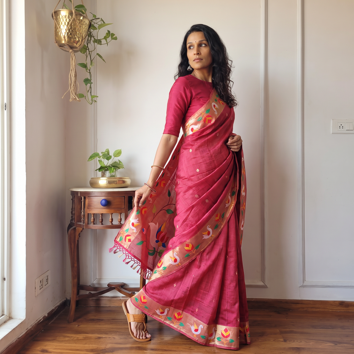 Pink Bangalore Silk Zari Border Saree, draped and worn by a woman, AI visual of the saree, iTokri