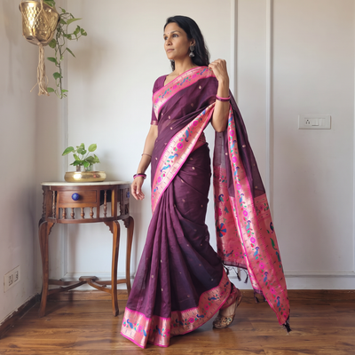 Purple Bangalore Silk Zari Border Saree, draped and worn by a woman, AI visual of the saree, iTokri