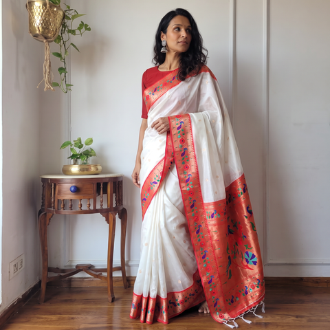White Bangalore Silk Zari Border Saree, draped and worn by a woman, AI visual of the saree, iTokri