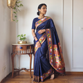 Blue Bangalore Silk Zari Border Saree, draped and worn by a woman, AI visual of the saree, iTokri