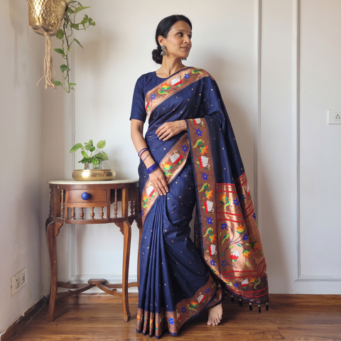 Blue Bangalore Silk Zari Border Saree, draped and worn by a woman, AI visual of the saree, iTokri