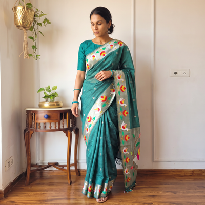 Green Bangalore Silk Zari Border Saree, draped and worn by a woman, AI visual of the saree, iTokri