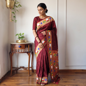 Maroon Bangalore Silk Zari Border Saree, draped and worn by a woman, AI visual of the saree, iTokri