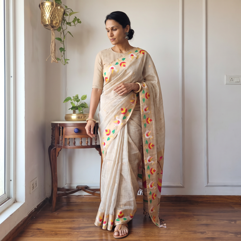 Beige Bangalore Silk Zari Border Saree, draped and worn by a woman, AI visual of the saree, iTokri