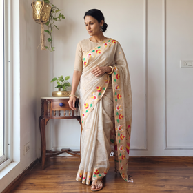 Beige Bangalore Silk Zari Border Saree, draped and worn by a woman, AI visual of the saree, iTokri
