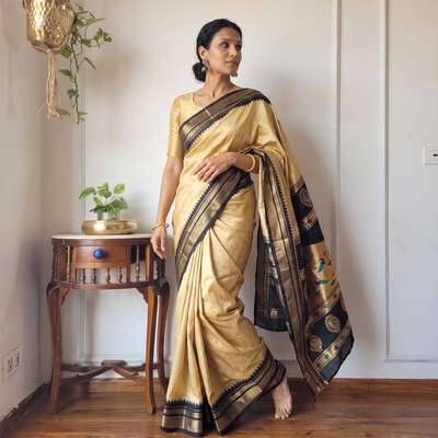 Yellow Bangalore Silk Zari Border Saree, draped and worn by a woman, AI visual of the saree, iTokri