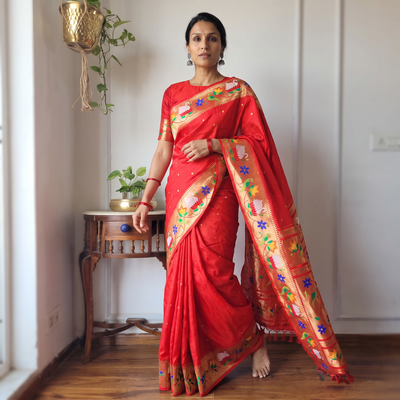 Red Bangalore Silk Zari Border Saree, draped and worn by a woman, AI visual of the saree, iTokri