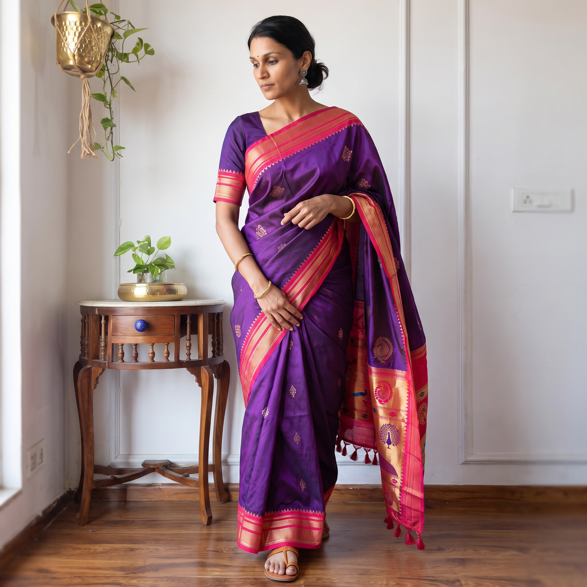 Purple Bangalore Silk Zari Border Saree, draped and worn by a woman, AI visual of the saree, iTokri