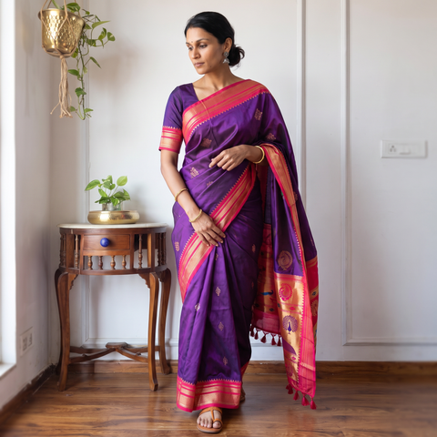 Purple Bangalore Silk Zari Border Saree, draped and worn by a woman, AI visual of the saree, iTokri
