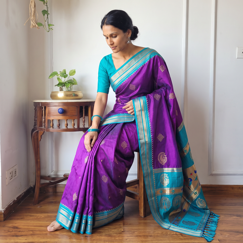 Purple Bangalore Silk Zari Border Saree, draped and worn by a woman, AI visual of the saree, iTokri