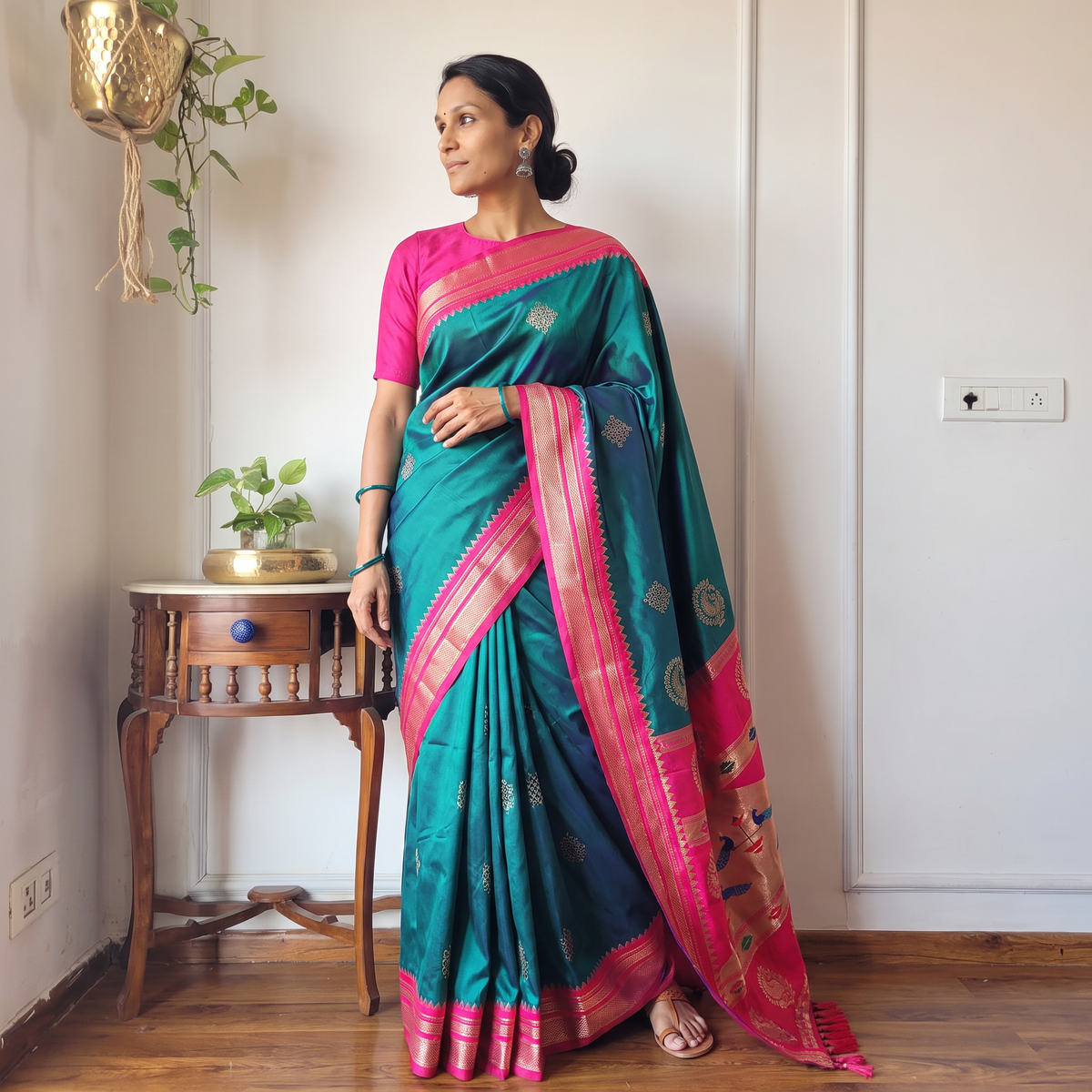 Green Bangalore Silk Zari Border Saree, draped and worn by a woman, AI visual of the saree, iTokri