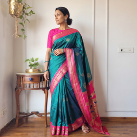 Green Bangalore Silk Zari Border Saree, draped and worn by a woman, AI visual of the saree, iTokri