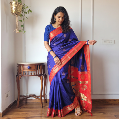 Blue Bangalore Silk Zari Border Saree, draped and worn by a woman, AI visual of the saree, iTokri