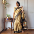 Yellow Bangalore Silk Zari Border Saree, draped and worn by a woman, AI visual of the saree, iTokri