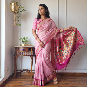 Pink Bangalore Silk Zari Border Saree, draped and worn by a woman, AI visual of the saree, iTokri