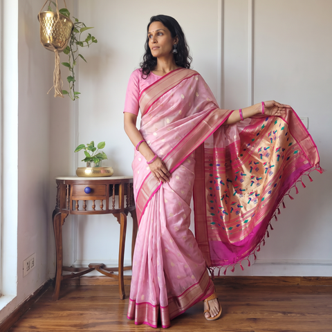 Pink Bangalore Silk Zari Border Saree, draped and worn by a woman, AI visual of the saree, iTokri