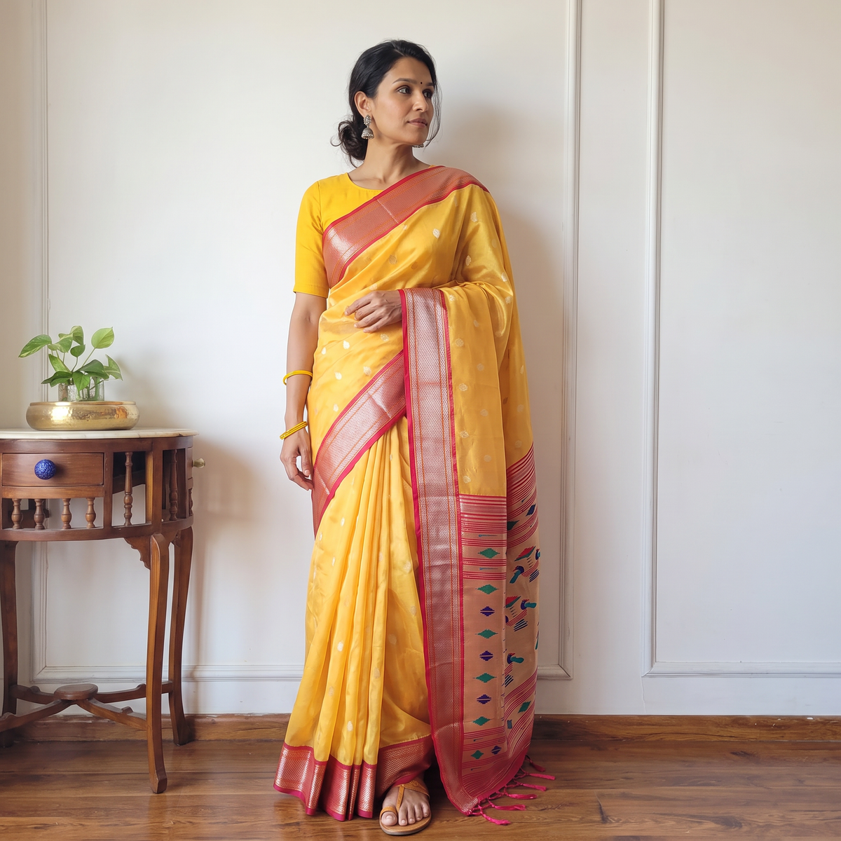 Yellow Bangalore Silk Zari Border Saree, draped and worn by a woman, AI visual of the saree, iTokri