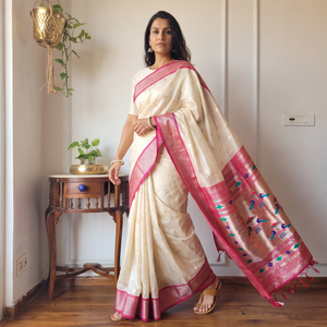 Beige Bangalore Silk Zari Border Saree, draped and worn by a woman, AI visual of the saree, iTokri