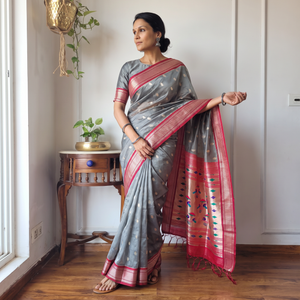 Grey Bangalore Silk Zari Border Saree, draped and worn by a woman, AI visual of the saree, iTokri