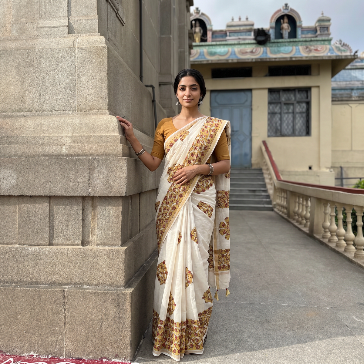 Brown Barmer Applique Work Chanderi Silk Saree with Tassels, draped and worn by a woman, AI visual of the saree, iTokri