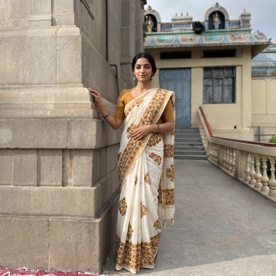 Brown Barmer Applique Work Chanderi Silk Saree with Tassels, draped and worn by a woman, AI visual of the saree, iTokri