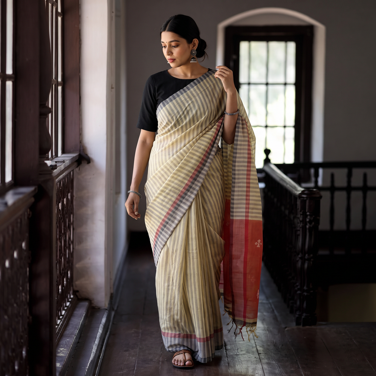 Yellow Base Handspun & Handwooven Tussar Silk Saree, draped and worn by a woman, AI visual of the saree, iTokri