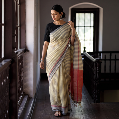 Yellow Base Handspun & Handwooven Tussar Silk Saree, draped and worn by a woman, AI visual of the saree, iTokri