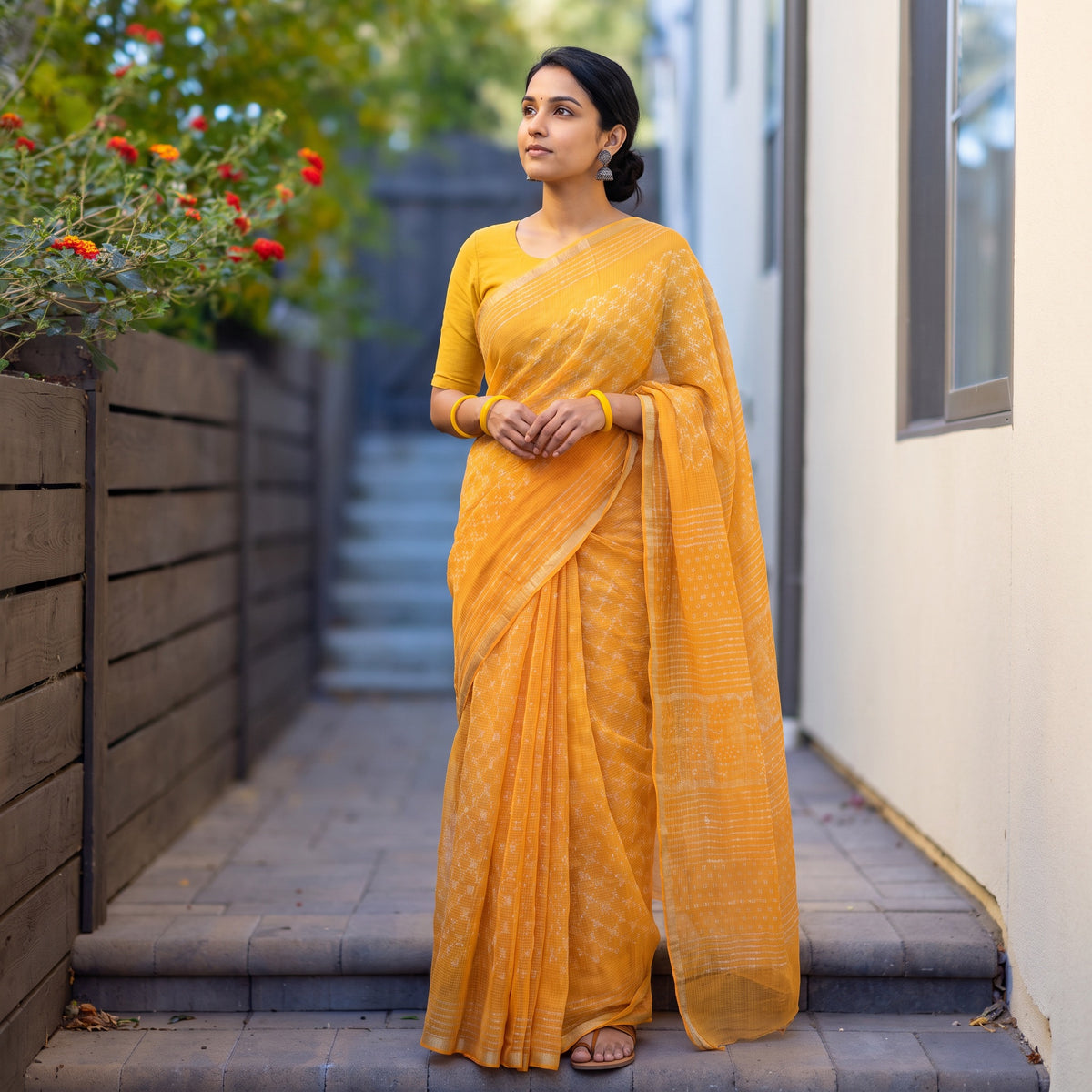 Orange Batik Hand Block Print Kota Doria Cotton Saree, worn by a woman on garden steps beside a white wall, AI visual of the saree, iTokri