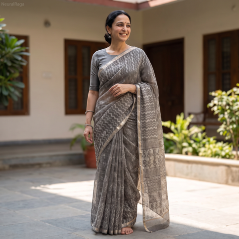 Brown Batik Hand Block Print Kota Doria Cotton Saree, draped and worn by a woman, AI visual of the saree, iTokri