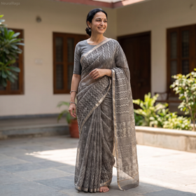 Brown Batik Hand Block Print Kota Doria Cotton Saree, draped and worn by a woman, AI visual of the saree, iTokri