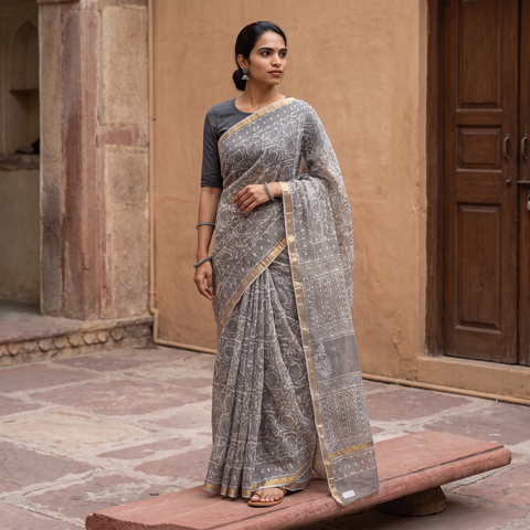 Brown Batik Hand Block Print Kota Doria Cotton Saree, draped and worn by a woman, AI visual of the saree, iTokri