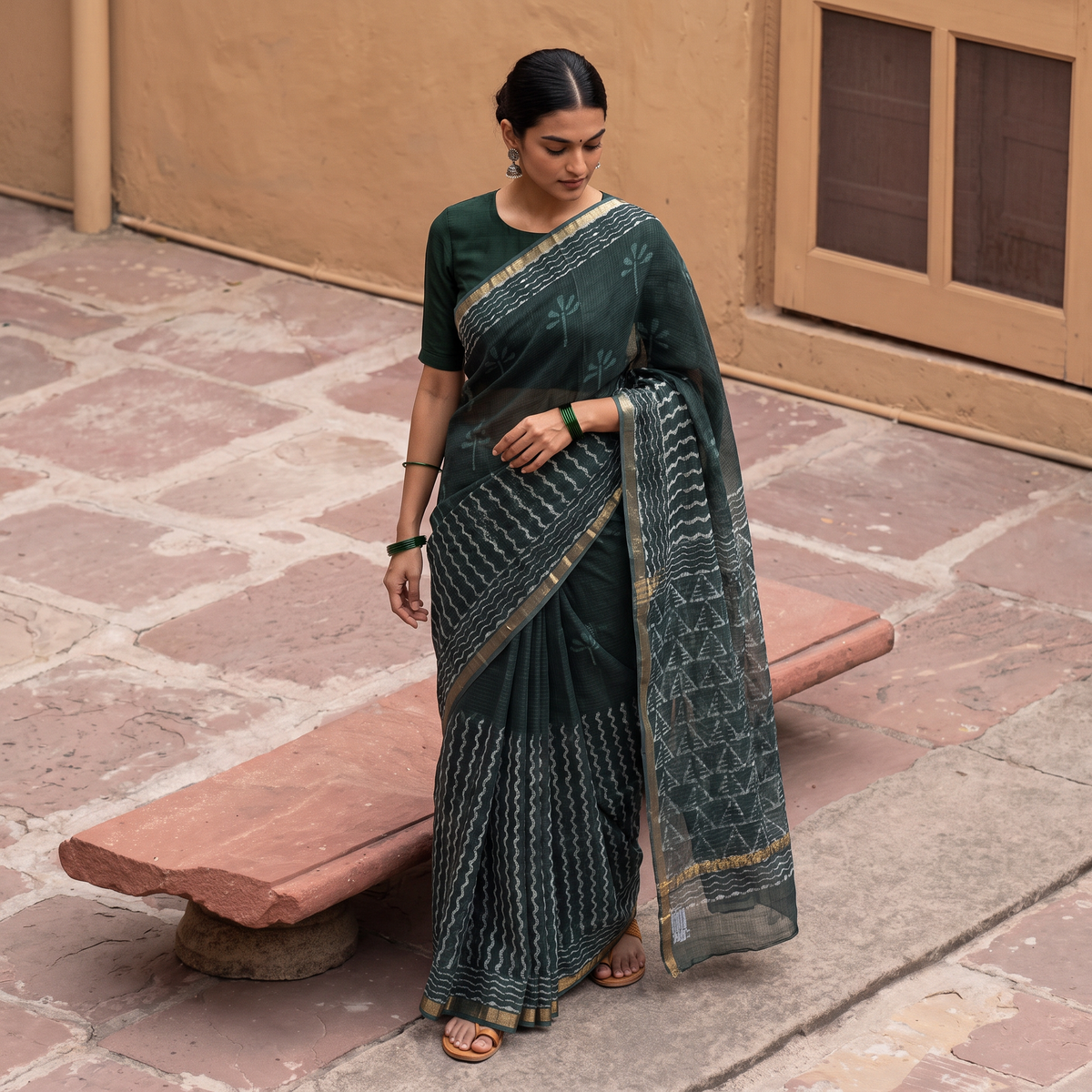 Green Batik Hand Block Print Kota Doria Cotton Saree, draped and worn by a woman, AI visual of the saree, iTokri
